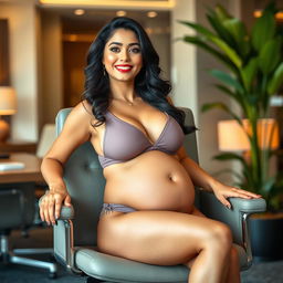 A striking image of Shruti Haasan sitting confidently on an elegant office chair, dressed in a stylish bikini that beautifully showcases her big belly and voluptuous breasts