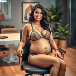 A striking image of Shruti Haasan sitting confidently on an elegant office chair, dressed in a stylish bikini that beautifully showcases her big belly and voluptuous breasts
