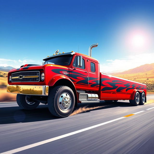 A vibrant and dynamic illustration of a Chevrolet Camaro converted into a semi-truck, featuring the classic muscular design of the Camaro but extended to a long truck body