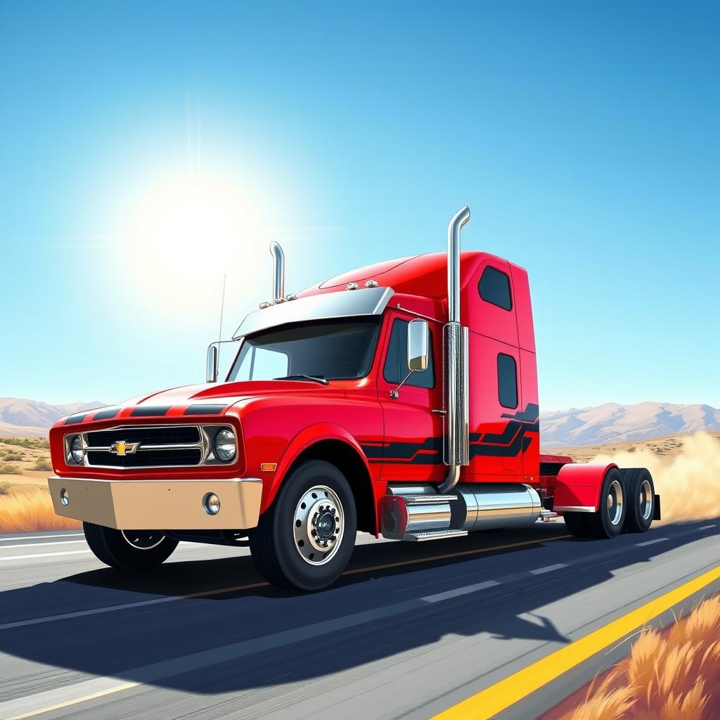 A vibrant and dynamic illustration of a Chevrolet Camaro converted into a semi-truck, featuring the classic muscular design of the Camaro but extended to a long truck body