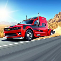 A vibrant and dynamic illustration of a Chevrolet Camaro converted into a semi-truck, featuring the classic muscular design of the Camaro but extended to a long truck body