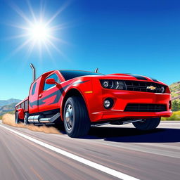 A vibrant and dynamic illustration of a Chevrolet Camaro converted into a semi-truck, featuring the classic muscular design of the Camaro but extended to a long truck body