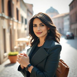 A 39-year-old woman with dark hair and distinctive Italian features, fully dressed in stylish and contemporary clothing