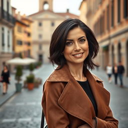 A 39-year-old woman with dark hair and distinctive Italian features, fully dressed in stylish and contemporary clothing