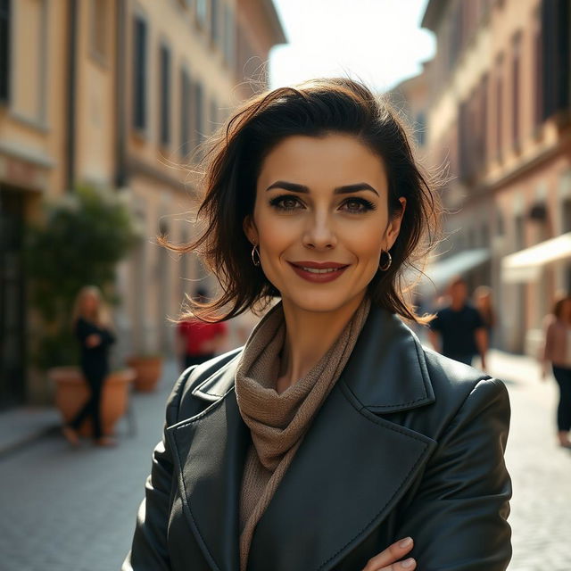 A 39-year-old woman with dark hair and distinctive Italian features, fully dressed in stylish and contemporary clothing