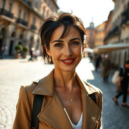 A 39-year-old woman with dark hair and distinctive Italian features, fully dressed in stylish and contemporary clothing