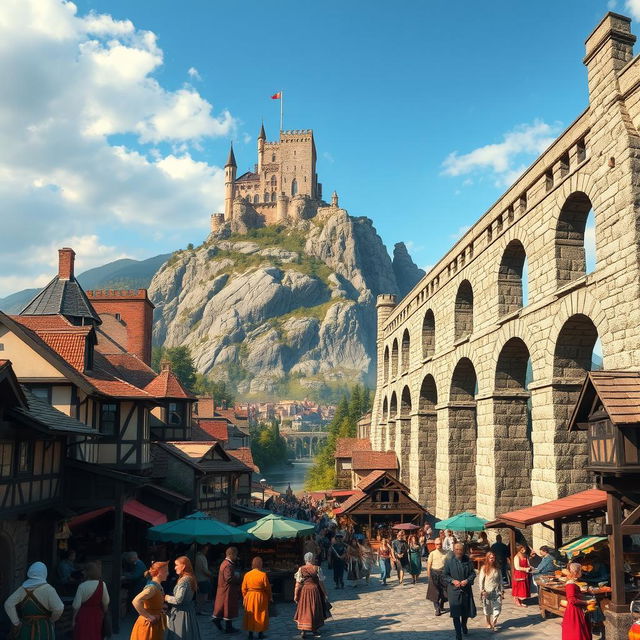 A lively medieval city scene depicting a bustling atmosphere with a magnificent aqueduct on the right side of the image, gracefully extending towards a majestic mountain where a grand castle rests at the summit