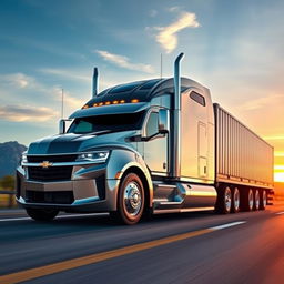 A Chevrolet Camaro transformed into a stunning semi-truck, combining the sleek, sporty design of the Camaro with the imposing structure of a semi-truck