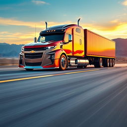 A Chevrolet Camaro transformed into a stunning semi-truck, combining the sleek, sporty design of the Camaro with the imposing structure of a semi-truck