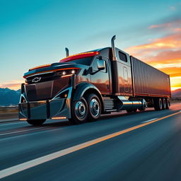 A Chevrolet Camaro transformed into a stunning semi-truck, combining the sleek, sporty design of the Camaro with the imposing structure of a semi-truck