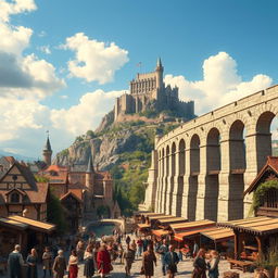 A lively medieval city scene depicting a bustling atmosphere with a magnificent aqueduct on the right side of the image, gracefully extending towards a majestic mountain where a grand castle rests at the summit