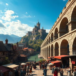 A lively medieval city scene depicting a bustling atmosphere with a magnificent aqueduct on the right side of the image, gracefully extending towards a majestic mountain where a grand castle rests at the summit