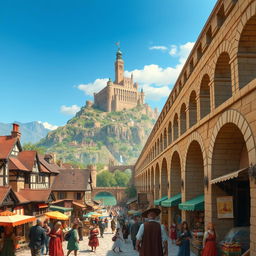 A lively medieval city scene depicting a bustling atmosphere with a magnificent aqueduct on the right side of the image, gracefully extending towards a majestic mountain where a grand castle rests at the summit