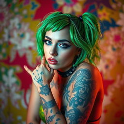 A creative portrait of a woman resembling Billie Eilish, featuring her unique style with vibrant green hair, dramatic makeup, and a confident expression