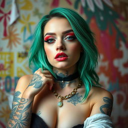 A creative portrait of a woman resembling Billie Eilish, featuring her unique style with vibrant green hair, dramatic makeup, and a confident expression