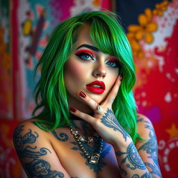 A creative portrait of a woman resembling Billie Eilish, featuring her unique style with vibrant green hair, dramatic makeup, and a confident expression