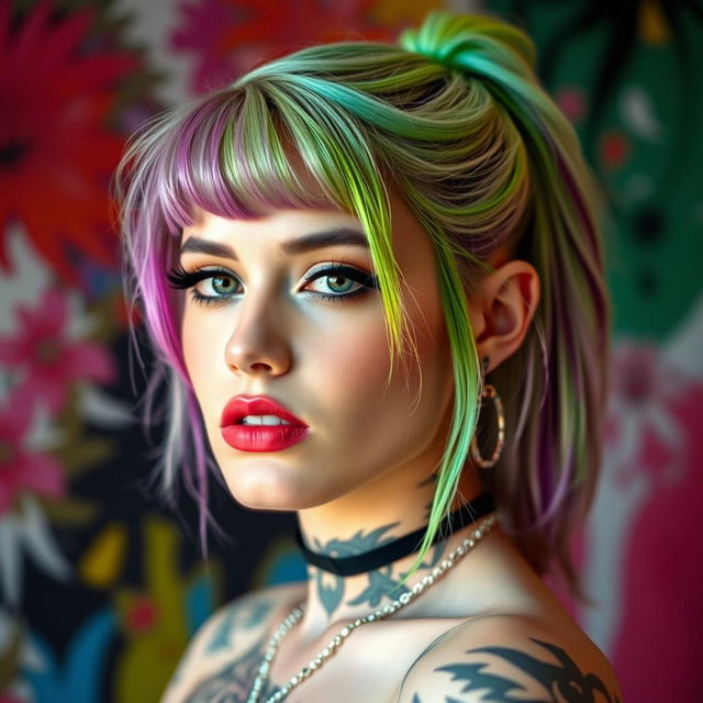 A creative portrait of a woman resembling Billie Eilish, featuring her unique style with vibrant green hair, dramatic makeup, and a confident expression