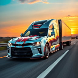 A Chevrolet Camaro transformed into a semi-truck, showcasing its sleek muscle car design blended with the rugged construction of a semi-truck
