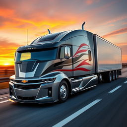 A Chevrolet Camaro transformed into a semi-truck, showcasing its sleek muscle car design blended with the rugged construction of a semi-truck