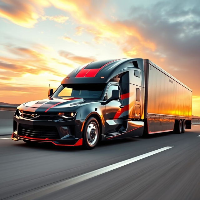 A Chevrolet Camaro transformed into a semi-truck, showcasing its sleek muscle car design blended with the rugged construction of a semi-truck