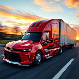 A Chevrolet Camaro transformed into a semi-truck, showcasing its sleek muscle car design blended with the rugged construction of a semi-truck