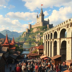 A bustling medieval city scene, rich in detail, showcasing a magnificent aqueduct on the right side of the image