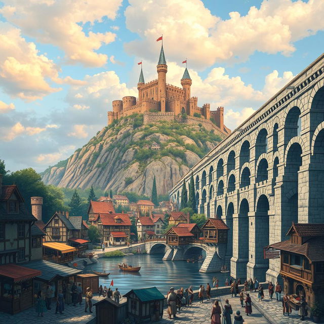 A bustling medieval city scene, rich in detail, showcasing a magnificent aqueduct on the right side of the image