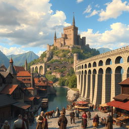 A bustling medieval city scene, rich in detail, showcasing a magnificent aqueduct on the right side of the image