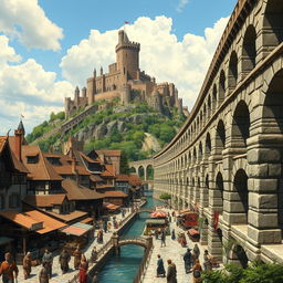 A bustling medieval city scene, rich in detail, showcasing a magnificent aqueduct on the right side of the image