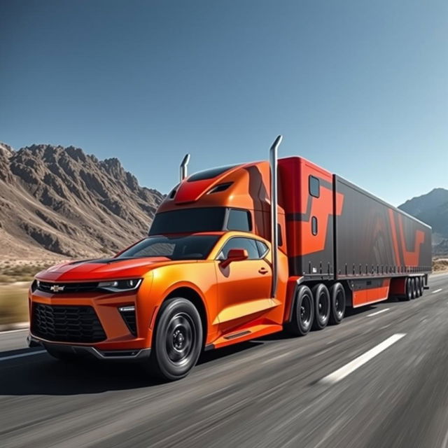 A Chevrolet Camaro transformed into a semi-truck, showcasing a sleek, powerful design that maintains the iconic curves and style of the Camaro