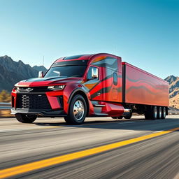 A Chevrolet Camaro transformed into a semi-truck, showcasing a sleek, powerful design that maintains the iconic curves and style of the Camaro