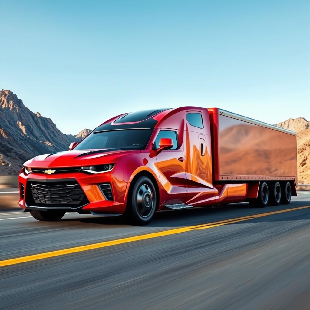 A Chevrolet Camaro transformed into a semi-truck, showcasing a sleek, powerful design that maintains the iconic curves and style of the Camaro