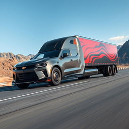 A Chevrolet Camaro transformed into a semi-truck, showcasing a sleek, powerful design that maintains the iconic curves and style of the Camaro