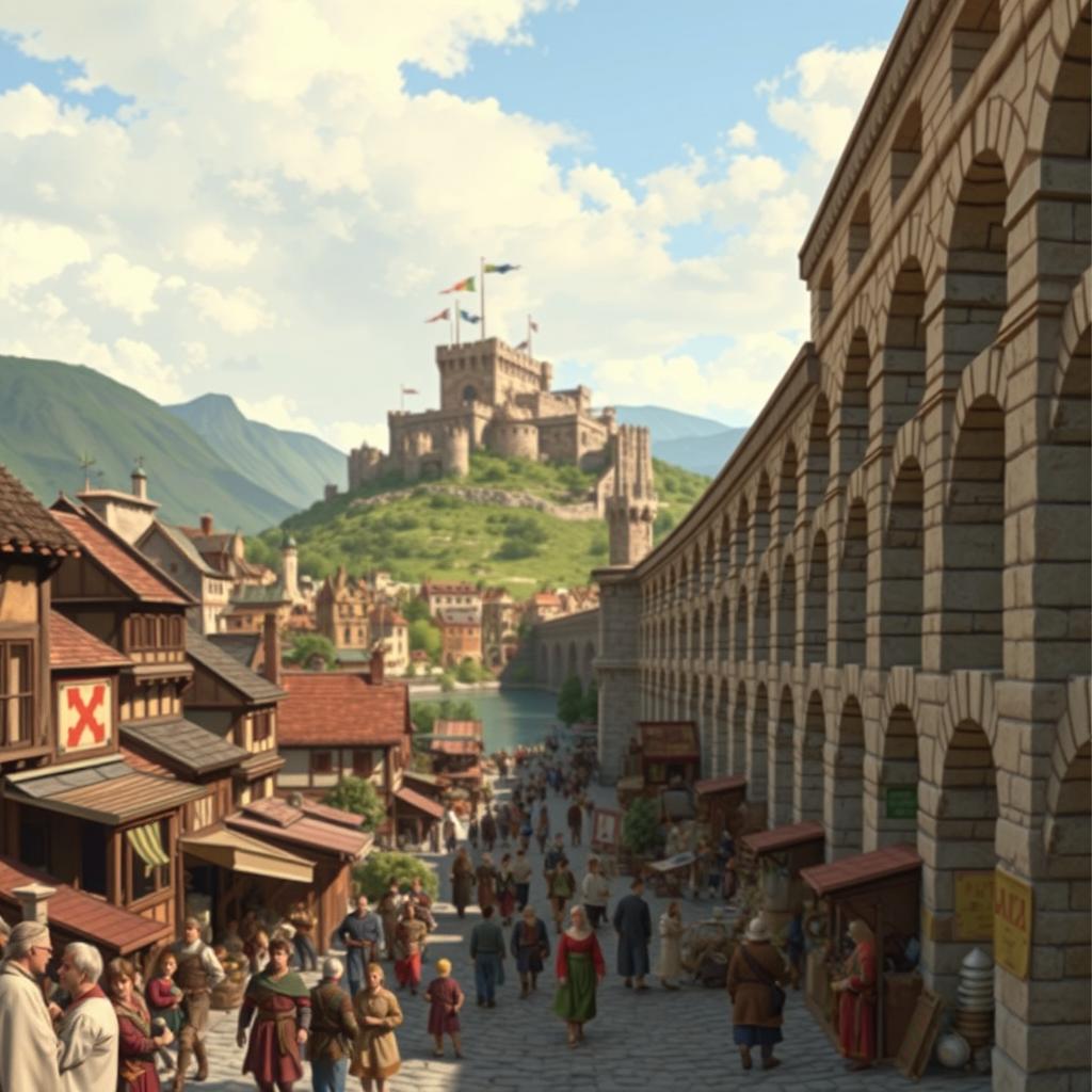 A bustling medieval city scene, teeming with life and activity, featuring a grand aqueduct prominently on the right side of the image