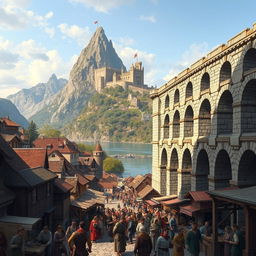 A bustling medieval city scene, teeming with life and activity, featuring a grand aqueduct prominently on the right side of the image