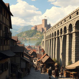 A bustling medieval city scene, teeming with life and activity, featuring a grand aqueduct prominently on the right side of the image
