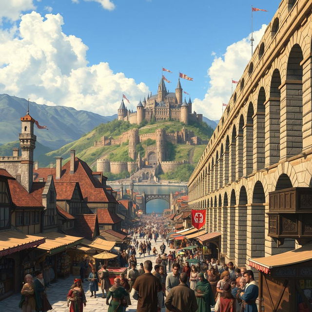 A bustling medieval city scene, teeming with life and activity, featuring a grand aqueduct prominently on the right side of the image