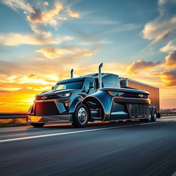 A surreal but visually striking image of a Chevrolet Camaro artistically transformed into a semi-truck
