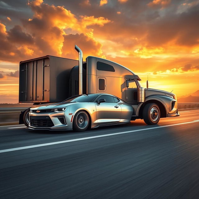 A surreal but visually striking image of a Chevrolet Camaro artistically transformed into a semi-truck