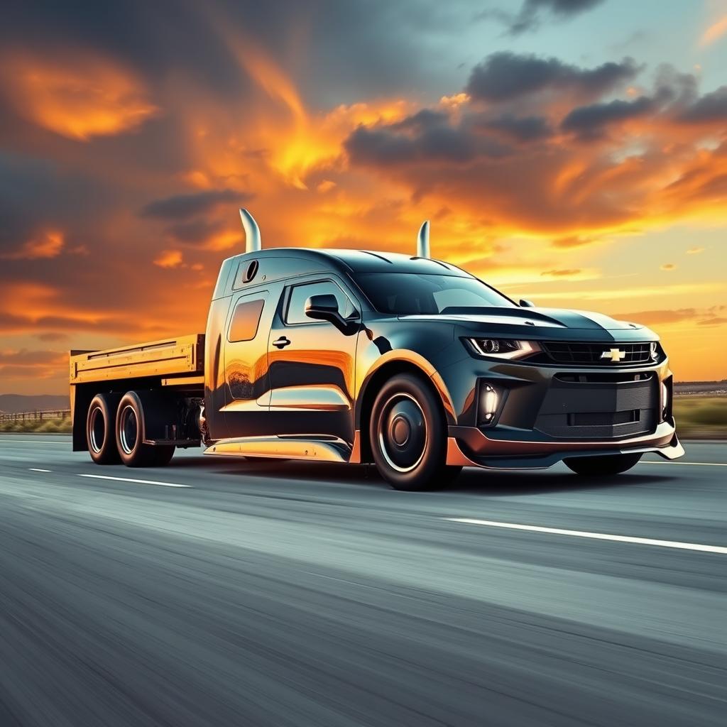 A surreal but visually striking image of a Chevrolet Camaro artistically transformed into a semi-truck