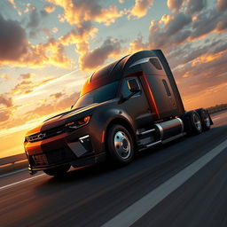 A surreal but visually striking image of a Chevrolet Camaro artistically transformed into a semi-truck