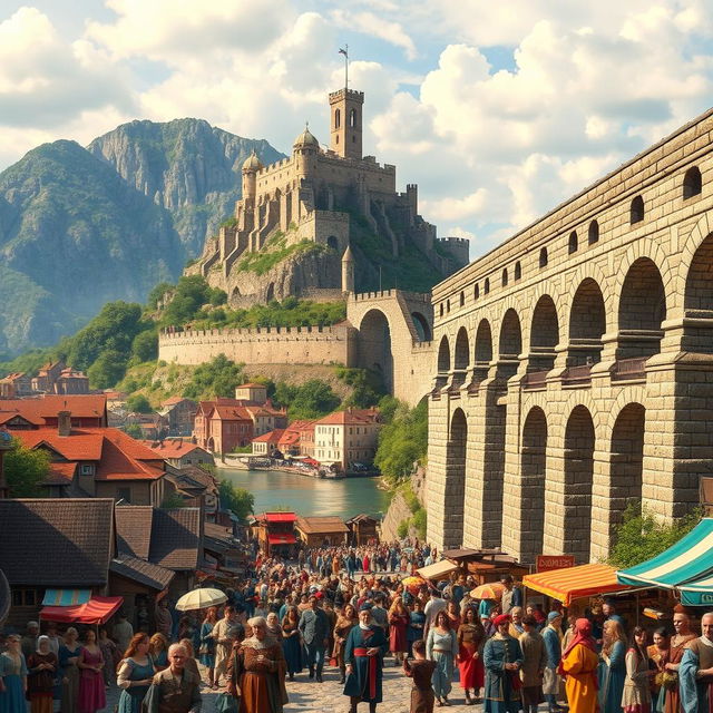 A vibrant and crowded medieval city scene with an impressive aqueduct prominently positioned on the right side of the image