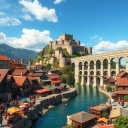 A vibrant and crowded medieval city scene with an impressive aqueduct prominently positioned on the right side of the image