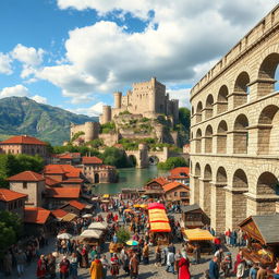 A vibrant and crowded medieval city scene with an impressive aqueduct prominently positioned on the right side of the image