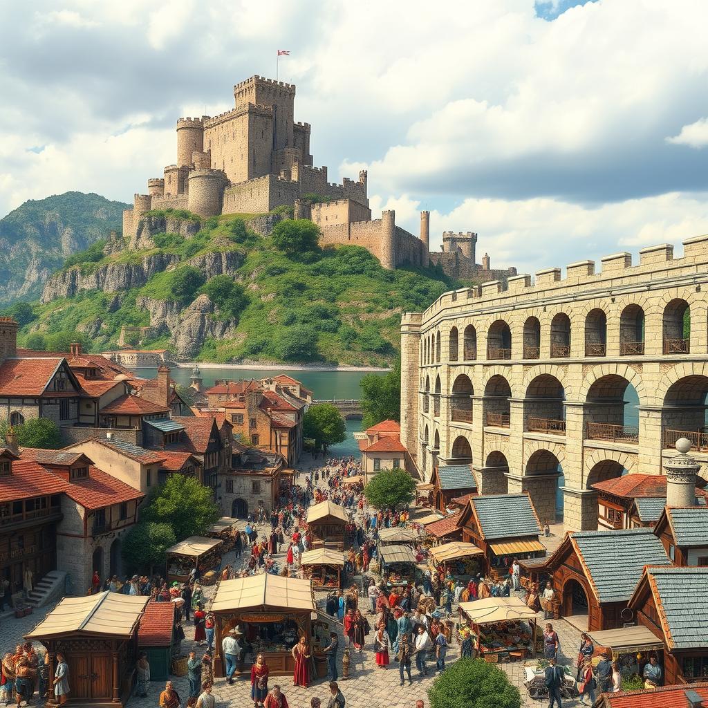 A vibrant and crowded medieval city scene with an impressive aqueduct prominently positioned on the right side of the image