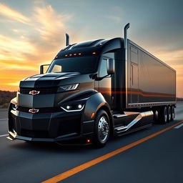 A Chevrolet Camaro transformed into a semi-truck, featuring a sleek and muscular design that fuses the iconic sports car aesthetics with robust semi-truck elements