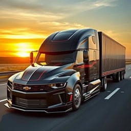 A Chevrolet Camaro transformed into a semi-truck, featuring a sleek and muscular design that fuses the iconic sports car aesthetics with robust semi-truck elements