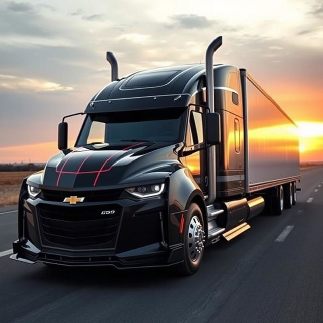 A Chevrolet Camaro transformed into a semi-truck, featuring a sleek and muscular design that fuses the iconic sports car aesthetics with robust semi-truck elements