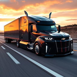 A Chevrolet Camaro transformed into a semi-truck, featuring a sleek and muscular design that fuses the iconic sports car aesthetics with robust semi-truck elements