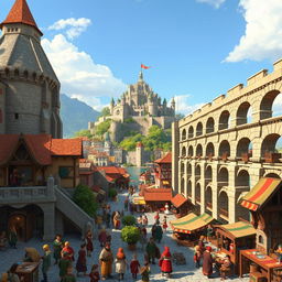 A lively medieval city teeming with activity, featuring an elegant aqueduct on the right side of the image